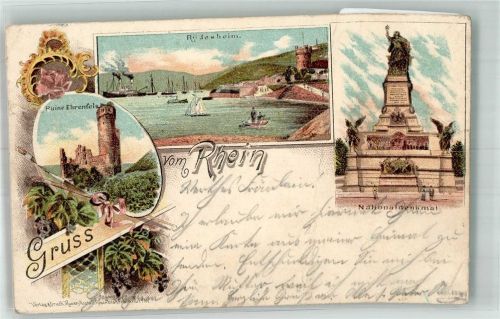Rüdesheim 1899 Lithographie Nationaldenkmal Ruine Ehrenfels