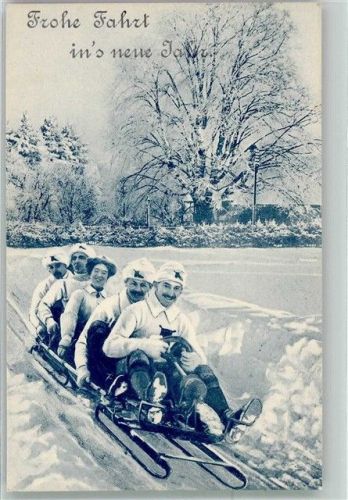 Fünf Männer in einem Bob auf froher Fahrt ins Neujahr