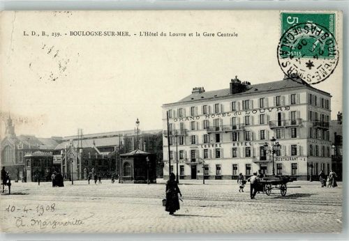 Boulogne-sur-Mer 1908 Hauptbahnhof Hotel du Louvre Marke bildseitig