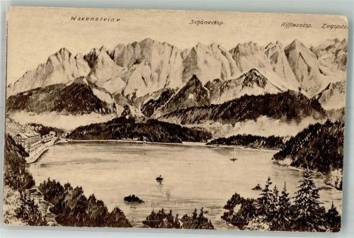 Eibsee Der Eibsee mit Waxensteinen Schöneckspitze Rifflwandspitze und Zugspitze Verlag Zieher, Ottmar Nr. 3882