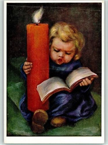 Engel hält die Riesenkerze und singt aus dem Buch
