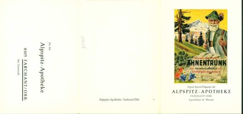 Farchant Ahnentrunk, Alpspitz-Apotheke, mit kurzer Angebotsbeschreibung, 3-fach Klappkarte