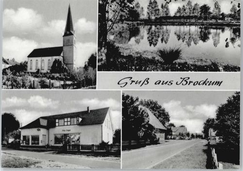 Brockum Kirche Teich Straße Haus Zaun Baum