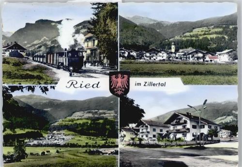 Ried Eisenbahn, Dampflok, Ortsansicht, Wappen, Fotokarte