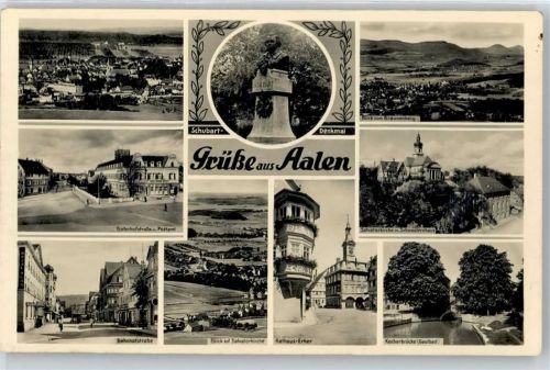 Aalen Bahnhofstraße, Postamt, Blick auf Salvatorkirche, Rathaus, Kocherbrücke, Blick vom Braunenberg, Schubart-Denkmal