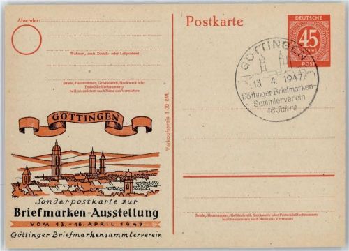 Göttingen Ganzsache, Sonderpostkarte zur Briefmarken-Ausstellung 1947