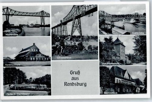 Rendsburg Hochbrücke, Nordmarkhalle, Stadttheater, Schwebefähre, Drehbrücke, Volkshochschule, Martinshaus