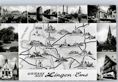 Lingen Park, Markt, Rathaus, Alter Hafen, Erdölraffinerie, Giebelhaus, Karte