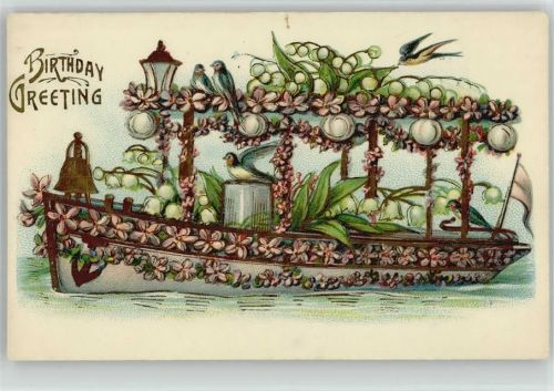 Litho Geburtstag Schiff aus Blüten Vergißmeinnicht