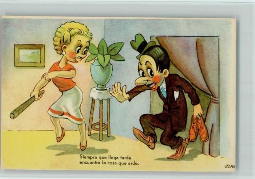 sign Celma - Mann schleicht, Frau steht mit Stock bereit ca 1955 AK