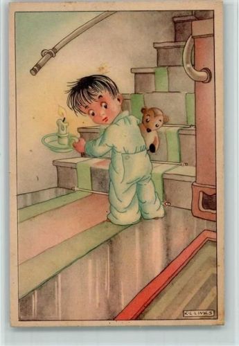 sign K.L. Links - Kind mit Kerze will schlafen gehen ca 1940 AK
