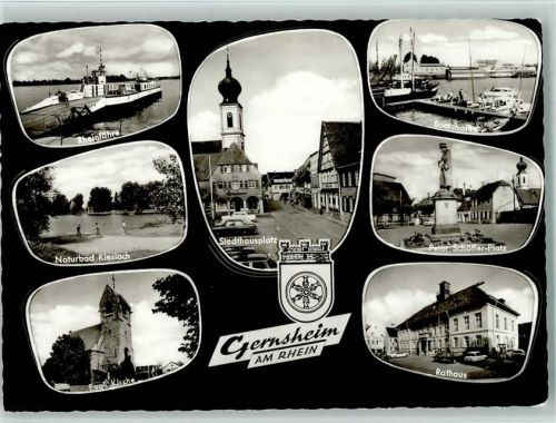 Gernsheim Rheinfähre Naturbad Kiesloch Evangel. Kirche Stadthausplatz Bootshafen Peter SChöffer-Platz Rathaus