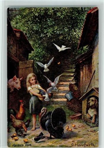 Mädchen füttert Tauben Hennen Hühner Schwein und Hund in Hundehütte sign.