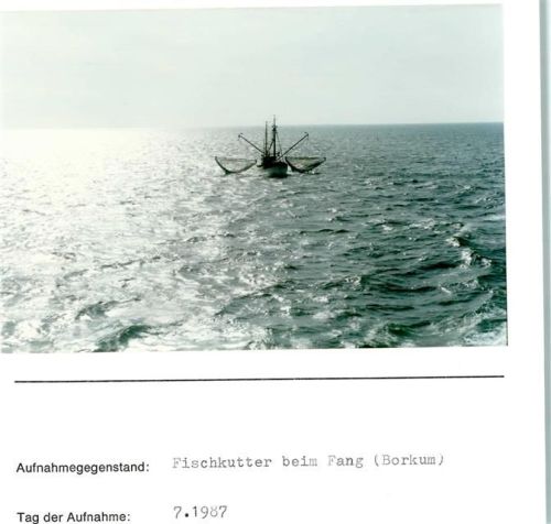 Borkum Fischkutter beim Fang Foto montiert auf Karton