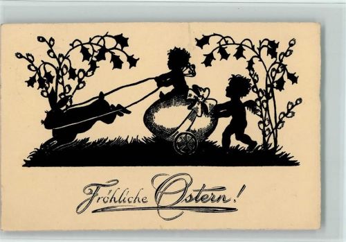 Osterkarte Hase Engel Osterei mit Räder Blumen Stempel Luftpost