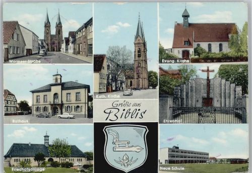 68647 W6843 Biblis - Wormser Straße Rathaus Friedhofsanlage Kath. Kirche Evangel. Kirche Ehrenmal Neue Schule