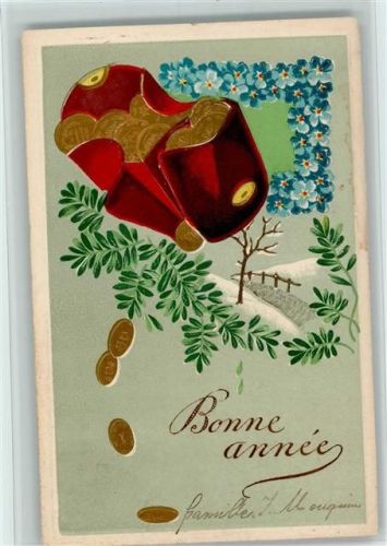 1910 Bonne Annee - Geldbörse und Münzen, Vergissmeinnicht AK