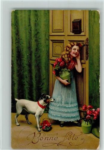 1909 Mädchen mit Jack Russell Terrier Rosen
