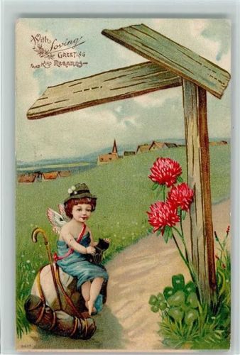 1908 Am Wege sitzt Amor mit einer Geldbörse AK