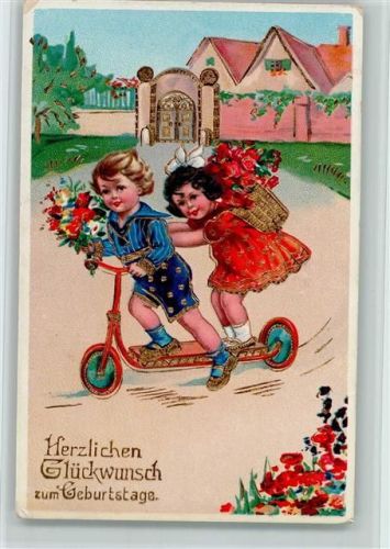 1931 5819 Geburtstag, Kinder mit einem Roller, Golddruck AK