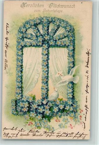 1907 Fenster aus Vergissmeinnicht Blüten u. Tauben - Geburtstag