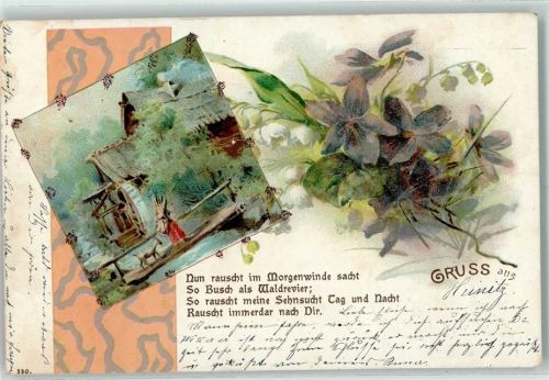 1901 mit Glasperlenauflage Gruss aus Litho Wassermühle Maiglöckchen Poesie