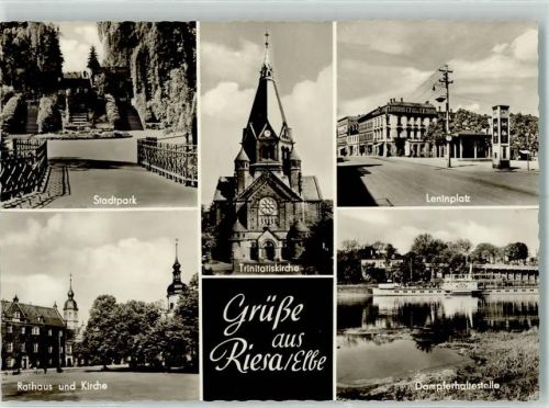 Riesa Stadtpark Rathaus Kirche Trinitatiskirche Leninplatz Dampferhaltestelle Rückseite mit Abschürfungen bzw Kleberesten