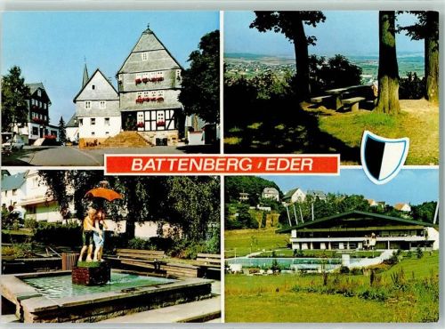 Battenberg Rückseite mit Abschürfungen bzw Kleberesten Brunnen Kinder mit Schirm