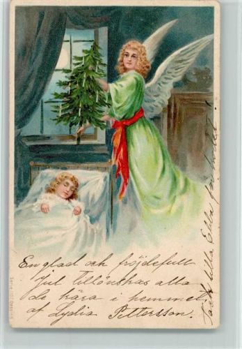 1902 Schlafendes Kind, Engel trägt einen Tannenbaum AK