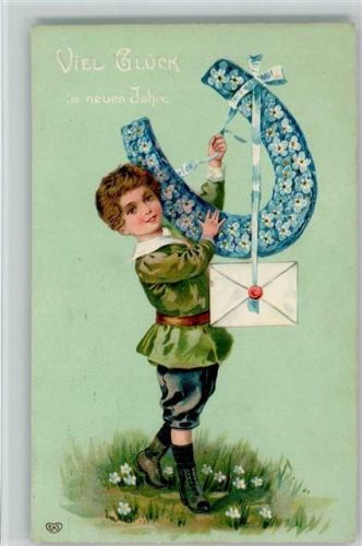1907 verlag EAS - Neujahr- Kind mit einem Brief, Hufeisen aus Blüten AK
