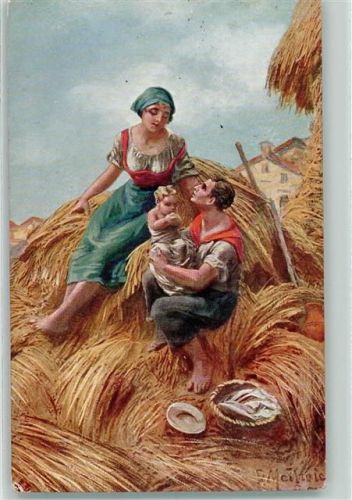 1917 Ährenernte Bauernfamilie Chromo Skulptur A. Traldi Il frutto dell amore