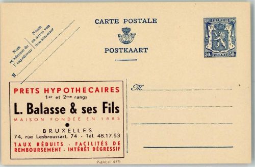 Brüssel Prets Hypothecaires L. Balasse, Publibel 475 Belgische Ganzsache Wertstufe 50c blau