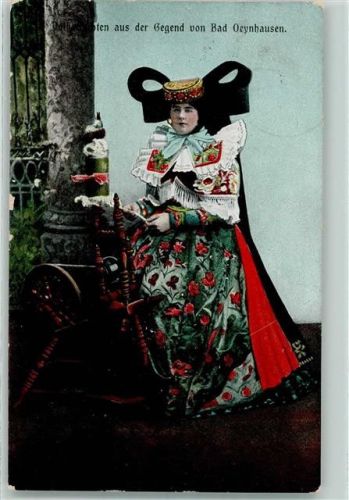 W4970 Bad Oeynhausen Frau am Spinnrad Tracht AK Spinnerei 1913