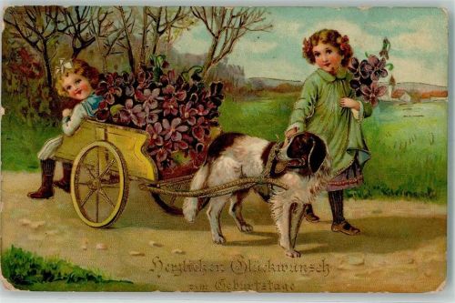 1911 Geburtstag Kinder Blumen Hundekarre Prägedruck AK