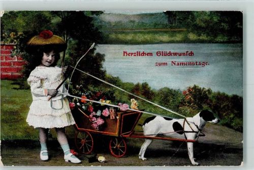 1907 Namenstag Mädchen Hund zieht Bollerwagen Rosen
