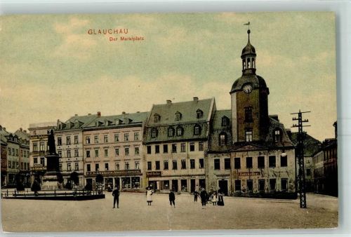 Glauchau 1902 Marktplatz Denkmal Gasthaus Ratskeller
