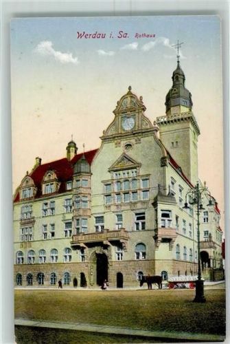 Werdau Rathaus Pferdefuhrwerk Straßenlaterne