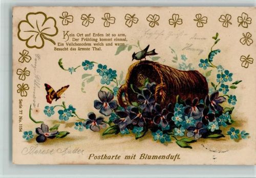 Blumenduft - Serie 77 Nr. 1154 - Schmetterling, Vergissmeinnicht , Gedicht AK