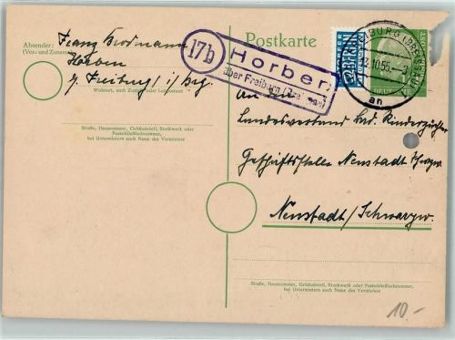 Horben Ganzsache Landpoststempel über Freiburg Breisgau
