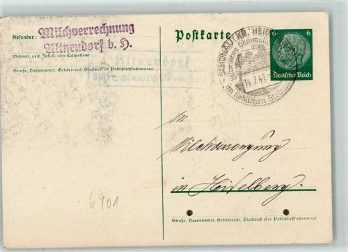 Altneudorf Ganzsache Landpoststempel über Schönau Heidelberg Milchverrechnung