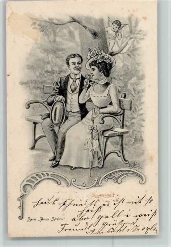 1900 Serie Amors Streiche - sign B. Holz - Liebespaar auf einer Parkbank, Amor sitzt im Baum - Verlag K.V.i.B. 12 Dess. 651 AK Flecken