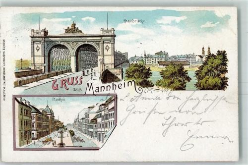 Mannheim 1909 Rheinbrücke Planken Pferdestraßenbahn