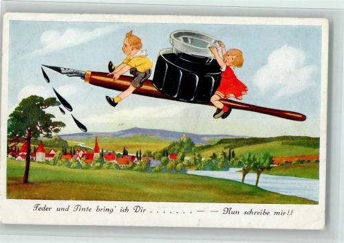 Serie 9658-1 Kinder fliegen mit Feder und Tintenfass, gute Erhaltung AK