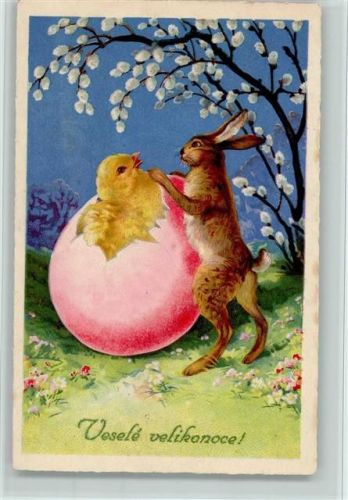 1937 Vesele velikonoce - Hase und ein großes Ei mit einem Küken , Kätzchenzweige AK