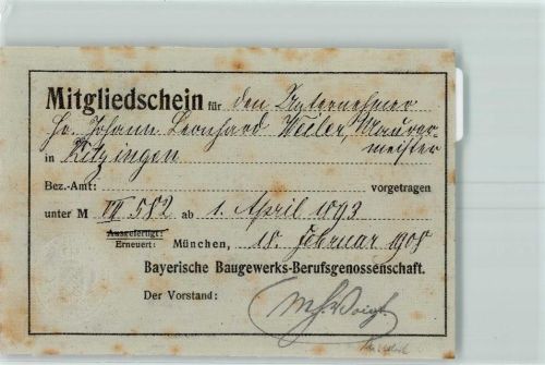 1908 Mitgliedsschein , Bayerische Baugewerks-Berufsgenossenschafz