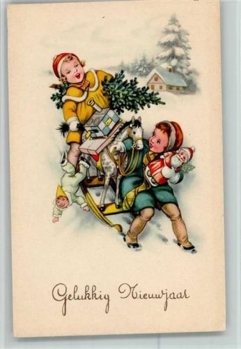 1954 Gelukkig Nieuwjaar - Kinder mit einem Schaukelpferd, Puppenherd und Tannenbaum AK Spielzeug