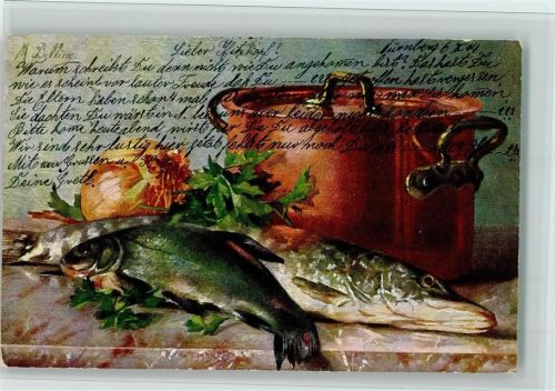 Stilleben - Fisch, Gemüse, Messingtopf AK