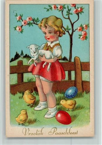 Serie 205 - Paaschfeest , Ostereier - Mädchen mit Küken und ein Lamm