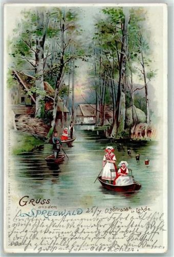Lehde 1903 Straße in Lehde Frauen und Männer in Tracht Boote