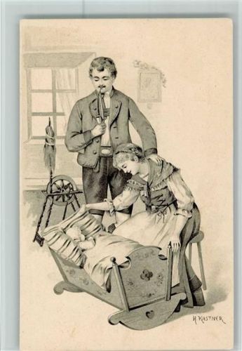 1898 sign H. Kastner - Bauernfamilie, Baby in der Wiege - Verlag J.P. Wien Nr. 890 AK